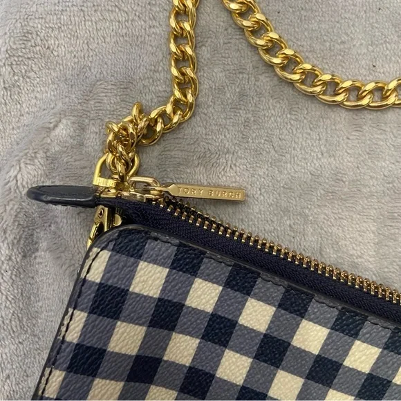 Tory Burch Robinson Navy Gingham Chain Strap Crossbody Clutch Bag 4936 - Picture 5 of 12